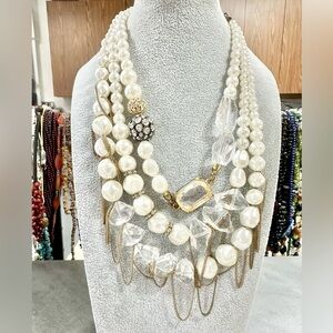 Chico's Three strand Faux Pearl Clear Lucite And Chain Chucky Statement Necklace